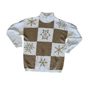Womens Maurada Ugly Christmas Sweater L Snowflake White Gold Knit Turtleneck VTG